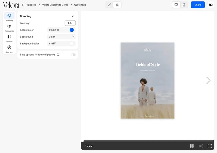 The Customize page with the Branding panel open, showing Your logo, Accent color, Background and Background color beside a preview of the flipbook