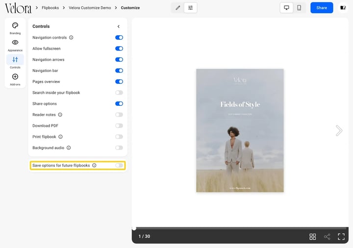 The Save options for future flipbooks card highlighted below the Controls panel, its switch off