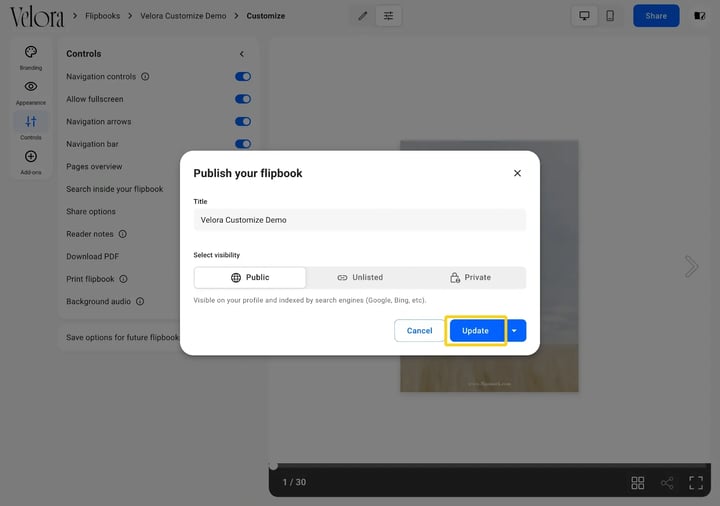 The Publish your flipbook modal over the Customize page, with a Title field, Public, Unlisted and Private visibility options, and the Update button highlighted