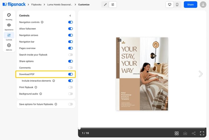 The Controls panel on the Customize page with the Download PDF toggle turned on and highlighted