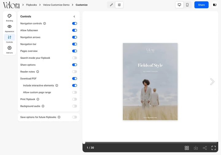 The Download PDF toggle switched on, revealing Include interactive elements and Allow custom page range, with a download icon now in the player bottom bar