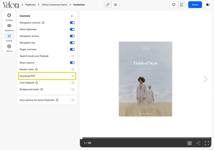 The Controls panel on the Customize page with the Download PDF toggle highlighted and switched off