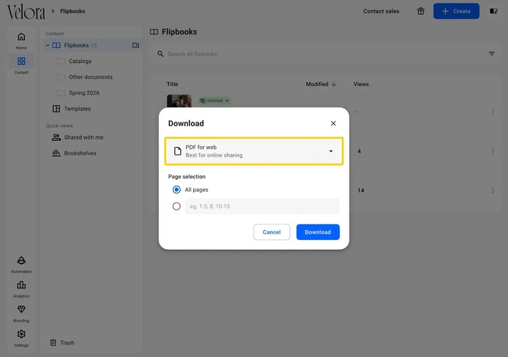 The Download dialog in Flipsnack with the format dropdown showing PDF for web