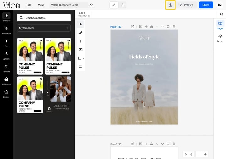 The Design Studio top bar with the unlabelled download icon highlighted, sitting to the left of the Preview and Share buttons