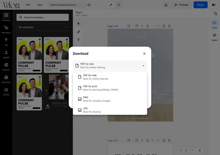 The Design Studio Download dialog with its format list open, showing only PDF for web, PDF for print, PNG and JPG