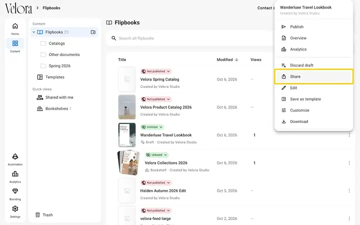 The flipbook menu with Share highlighted