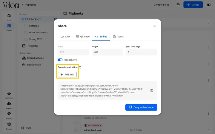 The Embed tab of the Share window with Domain restriction and Add link highlighted