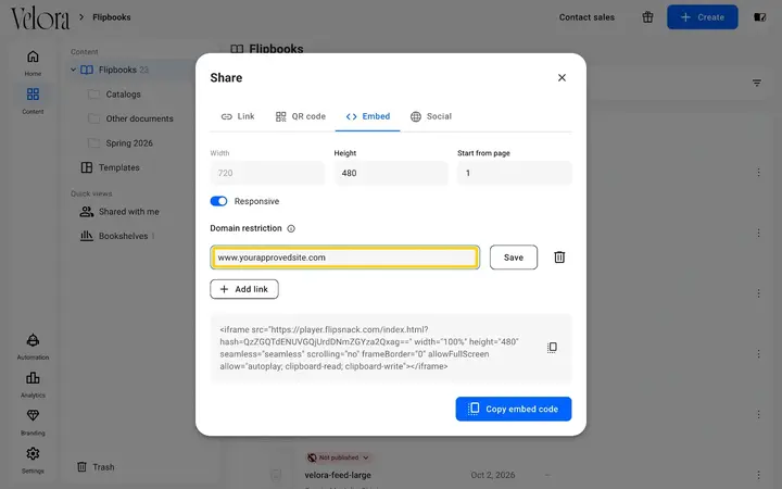 A domain typed into the Domain restriction field, next to the Save button