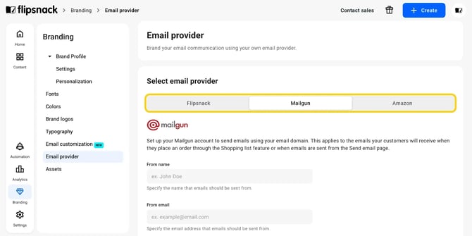 The custom email provider picker in Shop settings, with Flipsnack, Mailgun and Amazon SES as options.