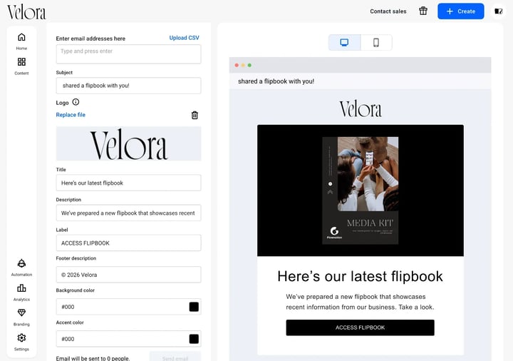 The Customize your email screen in Flipsnack with the template fields on the left and a live preview on the right