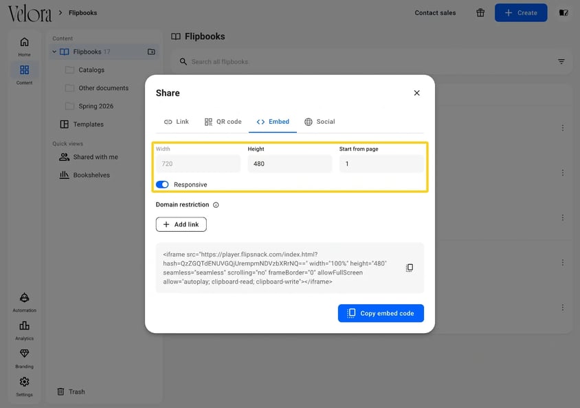 The Width, Height, Start from page and Responsive options on the Embed tab of the Share window