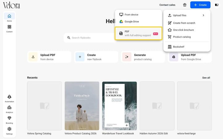 The Create menu with Upload files and From device open and PDF with full editing support highlighted