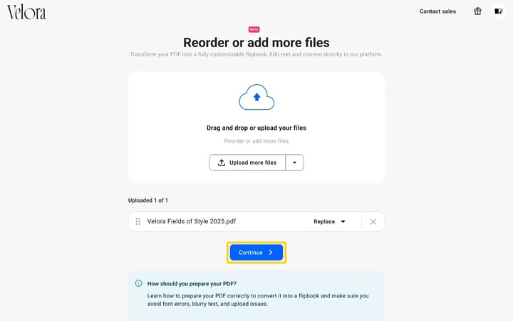 The upload page with the uploaded PDF listed and the Continue button highlighted