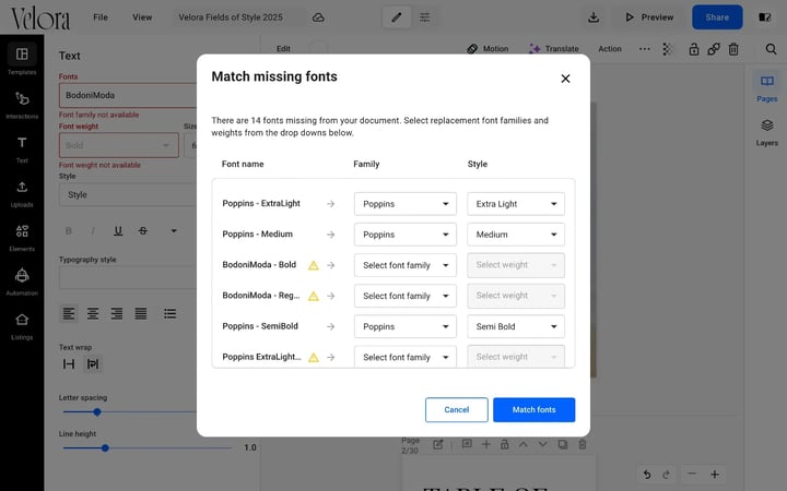 The Match missing fonts dialog listing each missing font with a replacement family and style