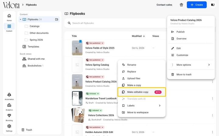 The More options menu of a flipbook with Make editable copy highlighted