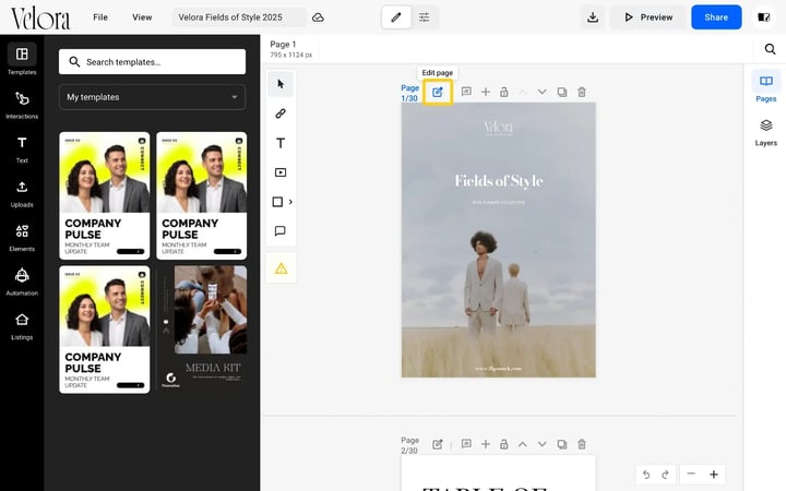 The Edit page icon next to the page number, highlighted, with its tooltip