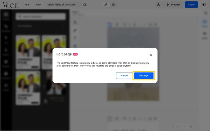 The Edit page beta pop-up with the Edit page button highlighted