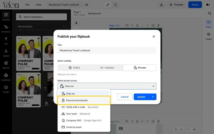 The Publish your flipbook dialog with Private selected and Password protected highlighted in the access list