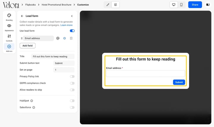 The reader-side form gate, blocking the flipbook's content until the form is submitted