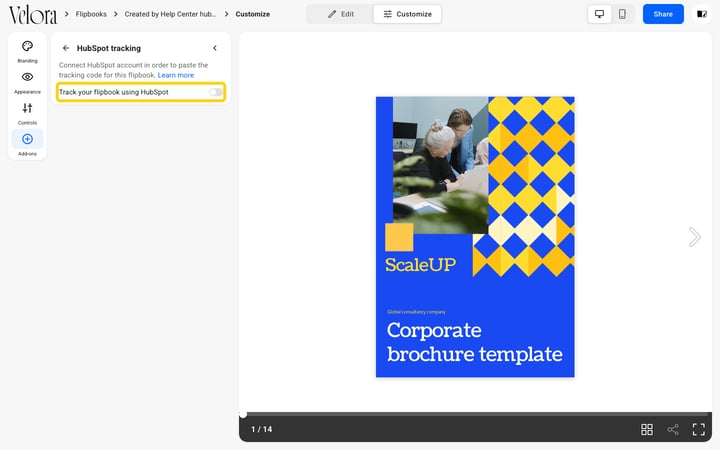 Customize, Add-ons, HubSpot tracking panel with the Track your flipbook using HubSpot switch highlighted