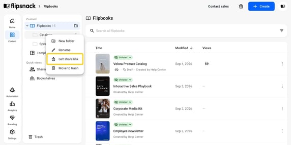 The folder right-click menu, open on Get share link.