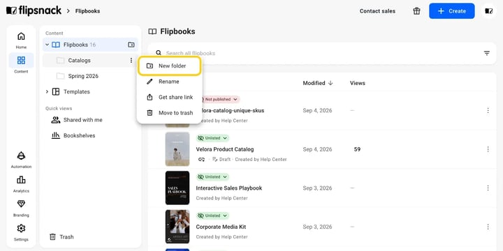 The three-dot menu at the top of the Dashboard, open on New folder.