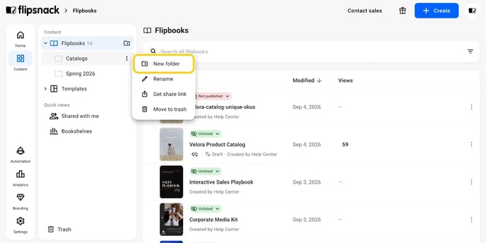 The three-dot menu at the top of the Dashboard, open on New folder.