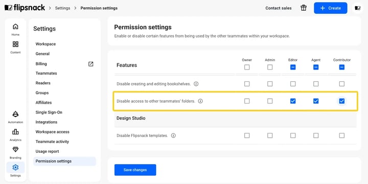 The Permissions settings screen, with Disable access to other teammates' folders switched on.