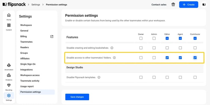 The Permissions settings screen, with Disable access to other teammates' folders switched on.