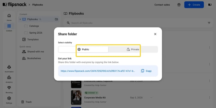 The pop-up for choosing Public or Private sharing for a folder.