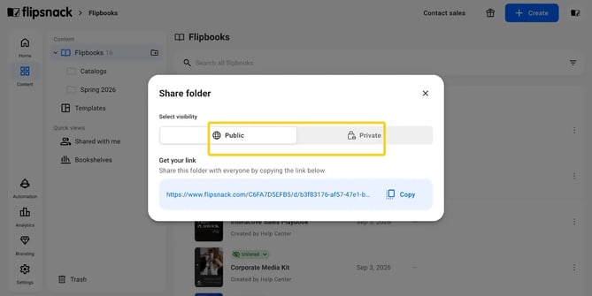 The pop-up for choosing Public or Private sharing for a folder.