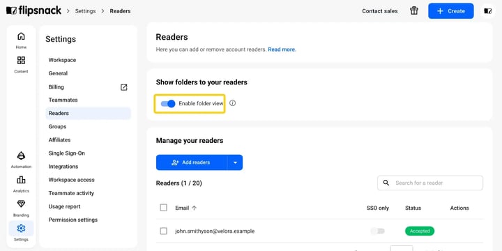 Settings > Readers, with Show folders to your readers (Enable folder view) switched on.