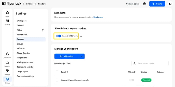 Settings > Readers, with Show folders to your readers (Enable folder view) switched on.