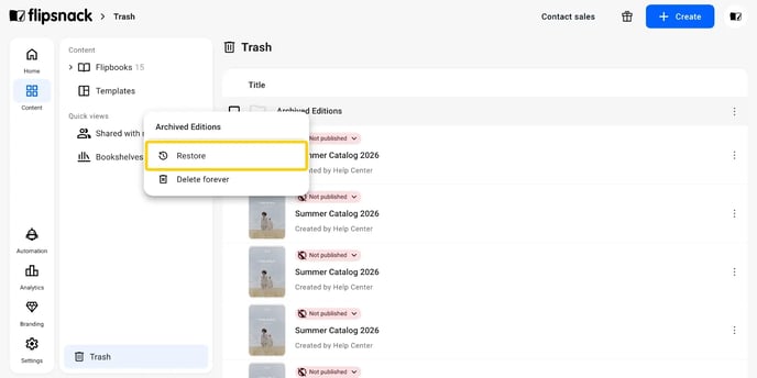 The Trash page with a deleted folder right-clicked and Restore highlighted.
