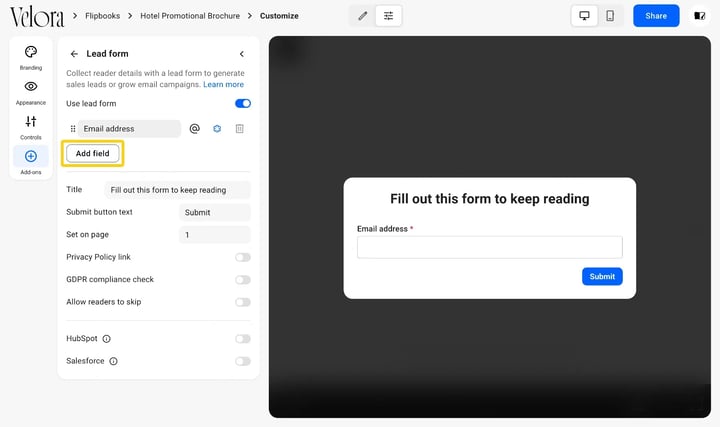 Adding a field to the lead form, with name, email and custom field options