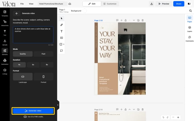 The Generate video panel in Design Studio with a typed prompt, the Mode, Duration and Format options, the Generate video button and the line Use 25 of 980 credits.