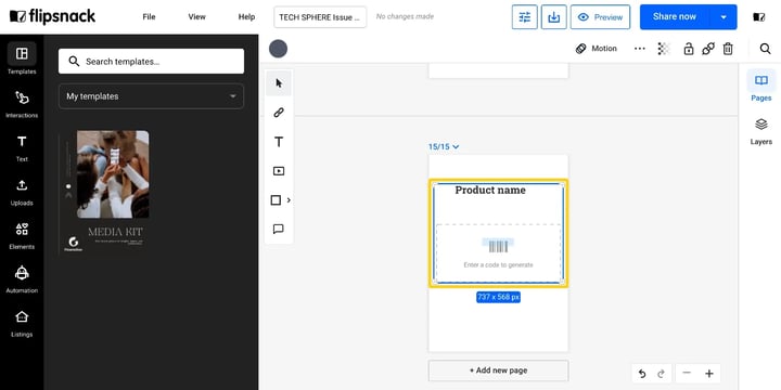 A grouped product element selected in Design Studio: a Product name placeholder above a barcode area reading 'Enter a code to generate'.