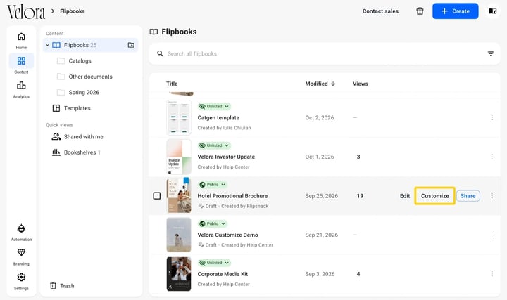 The Content page with Edit, Customize and Share beside a flipbook, and Customize highlighted