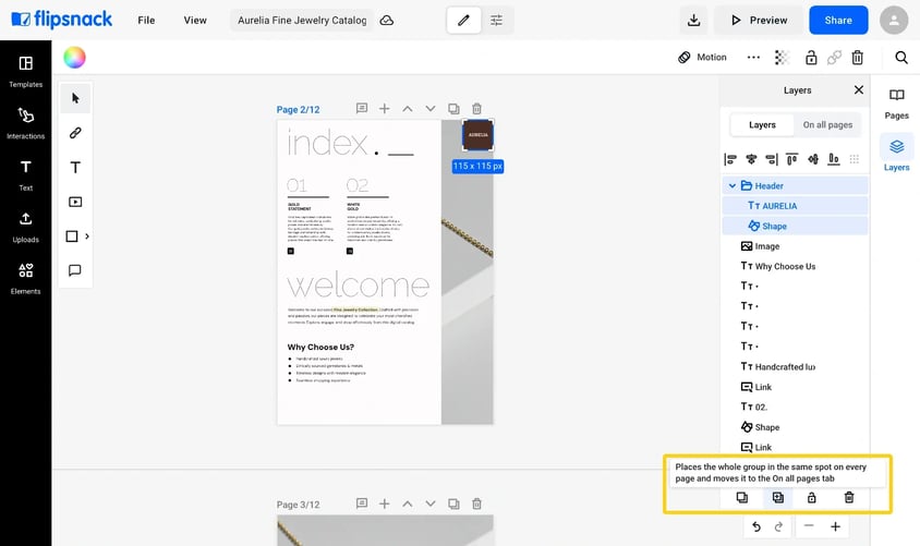 The Header group selected in the Layers panel, with the pointer on the Add on all pages icon and its tooltip: Places the whole group in the same spot on every page and moves it to the On all pages tab