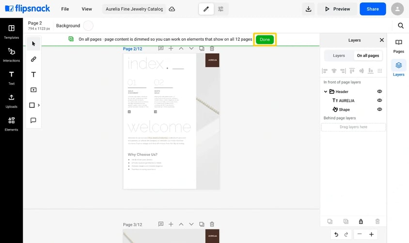 The On all pages bar above page 2, reading page content is dimmed so you can work on elements that show on all 12 pages, with the Done button highlighted and the Header group listed in the On all pages tab