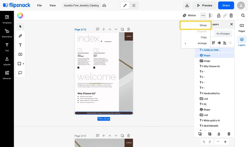 A full-width footer bar with the company address selected at the bottom of page 2, with the ... menu open and Group highlighted