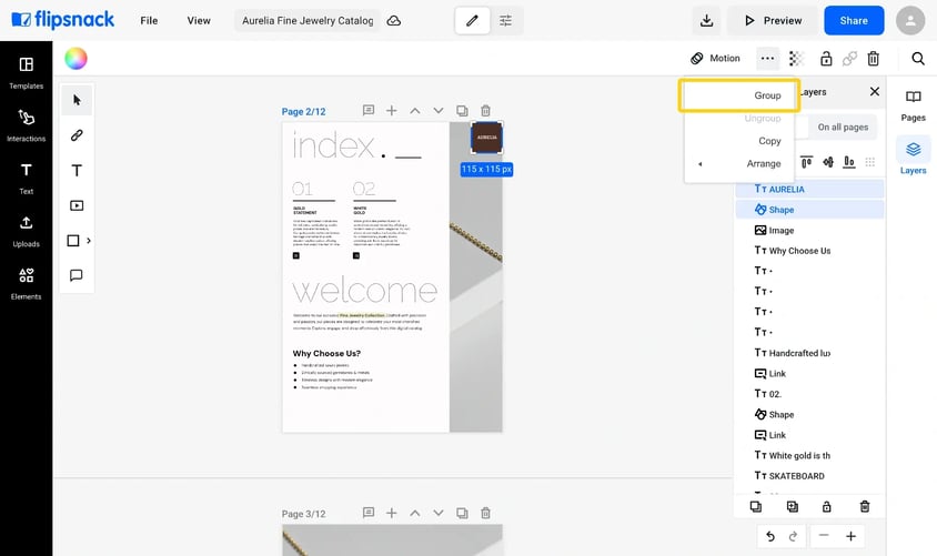 A square tab and the text AURELIA selected at the top right of page 2 in the Design Studio, with the ... menu open and Group highlighted