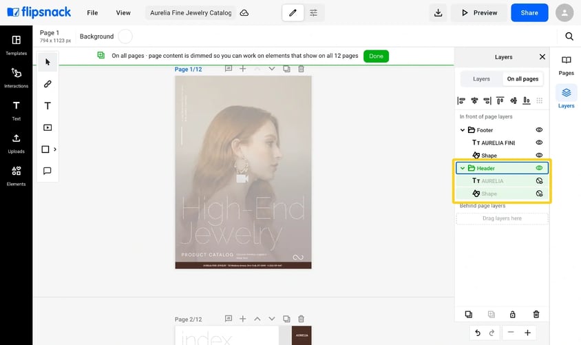 The cover without the header tab, its AURELIA and Shape rows marked hidden in the On all pages tab, and page 2 below still showing the tab