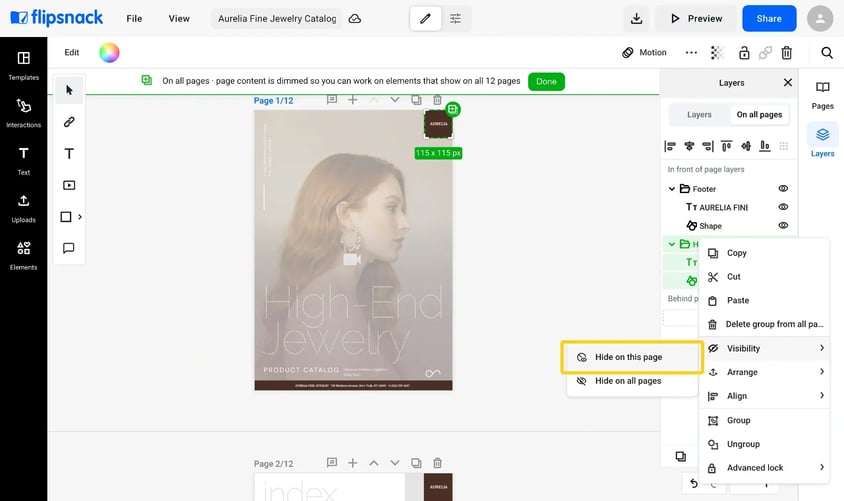 The right-click menu on the Header row in the On all pages tab, with Visibility open and Hide on this page highlighted above Hide on all pages