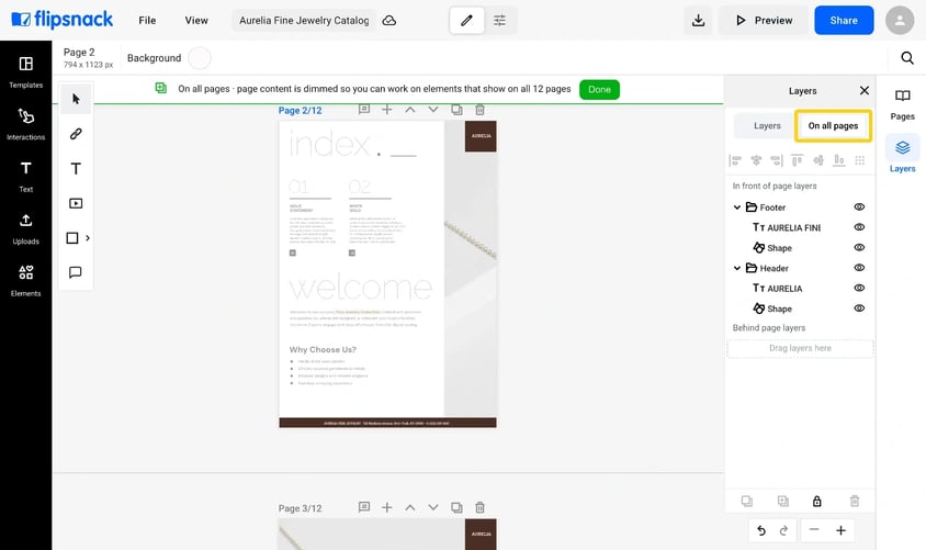 The On all pages tab of the Layers panel listing the Footer and Header groups under In front of page layers, with the Behind page layers section empty