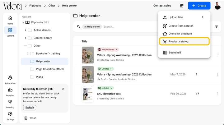 Create menu with the Product catalog option selected