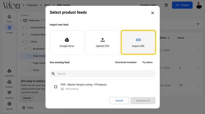 Select product feeds pop-up with the Import URL option highlighted