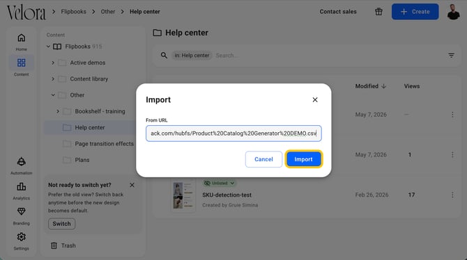 Import dialog with a product feed link pasted in the From URL field