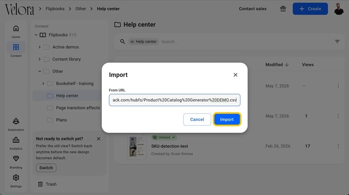 Import dialog with a product feed link pasted in the From URL field
