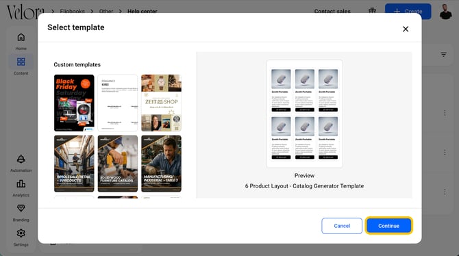 Select template window with a layout preview and the Continue button highlighted